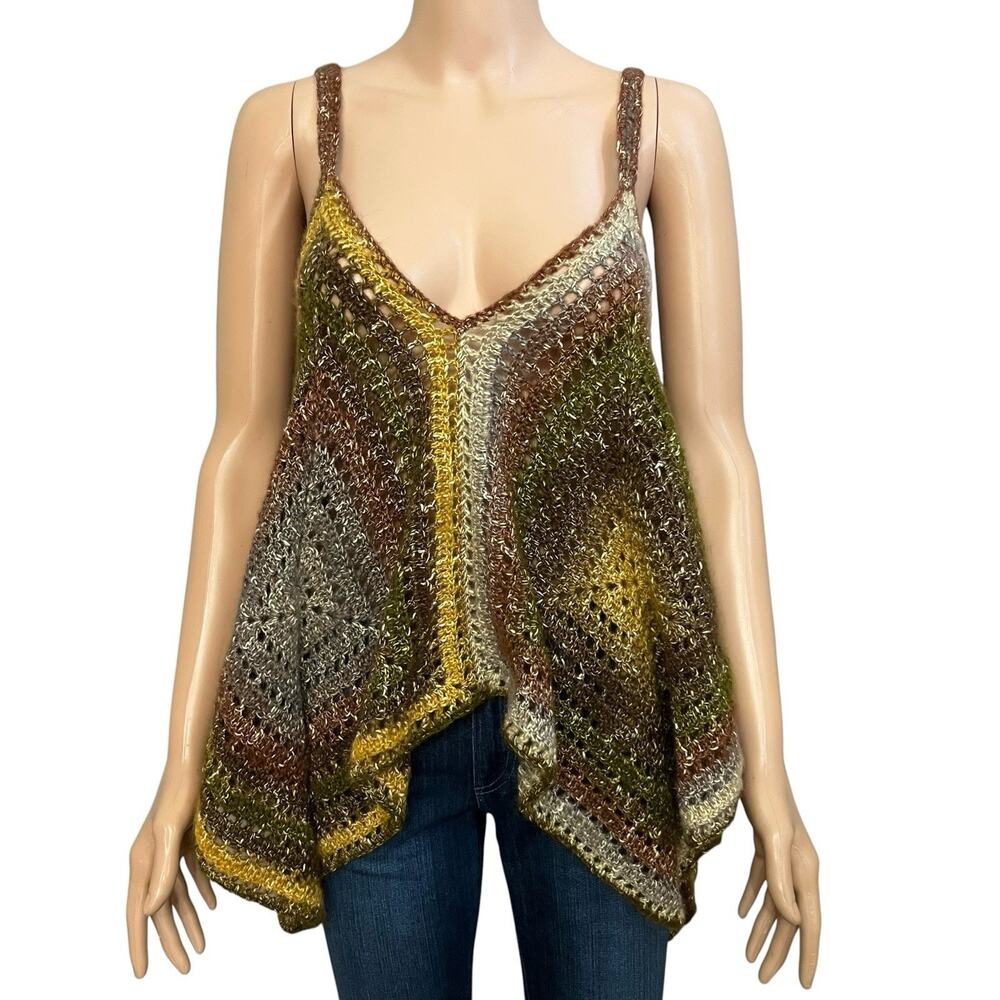 Handmade Crochet Tank Top Small Pointed Hem Boho Festival Hippie Retro Open Knit